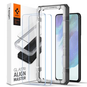 Samsung Galaxy S21 FE 5G SM-G990, Kijelzővédő fólia, ütésálló fólia (az íves részre is!), Tempered Glass (edzett üveg), Full Cover, Spigen Glastr Alignmaster, clear - 2 db /csomag