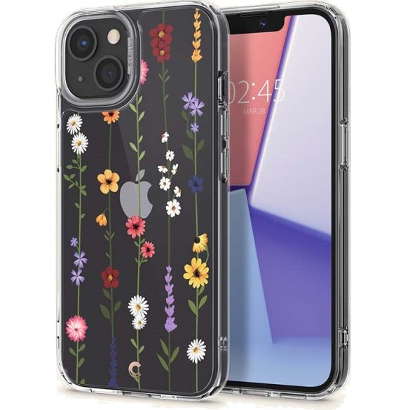 Apple iPhone 13 Mini, Szilikon tok, légpárnás sarok, virágoskert minta, Spigen Ciel Cyril Cecile, átlátszó/színes
