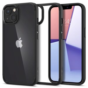 Apple iPhone 13 Mini, Szilikon tok + műanyag keret, közepesen ütésálló, Spigen Crystal Hybrid, átlátszó/fekete