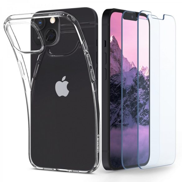 Apple iPhone 13, Szilikon tok + Tempered Glass (edzett üveg) - 2db, Spigen Crystal Pack, átlátszó