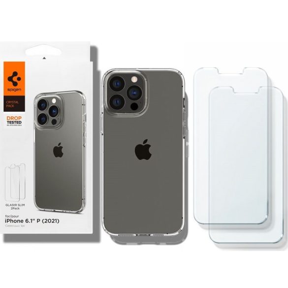 Apple iPhone 13 Pro, Szilikon tok + Tempered Glass (edzett üveg) - 2db, Spigen Crystal Pack, átlátszó