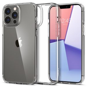 Apple iPhone 13 Pro Max, Szilikon tok + műanyag keret, közepesen ütésálló, Spigen Crystal Hybrid, átlátszó