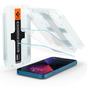 Apple iPhone 13 Mini, Kijelzővédő fólia, ütésálló fólia (az íves részre is!), Tempered Glass (edzett üveg), Spigen Ez Fit, Clear, 2 db / csomag