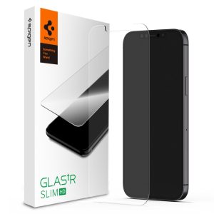 Apple iPhone 13 Mini, Kijelzővédő fólia, ütésálló fólia (az íves részre is!), Tempered Glass (edzett üveg), Spigen Glastr Slim HD, Clear