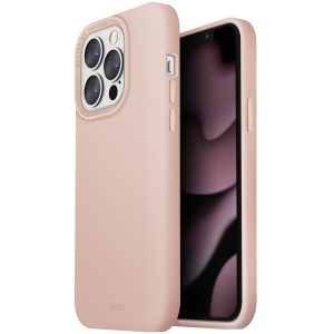 Apple iPhone 13 Pro, Szilikon tok, közepesen ütésálló, cserélhető hátsó kamera keret, Magsafe töltővel kompatibilis, Uniq Lino Hue, rózsaszín