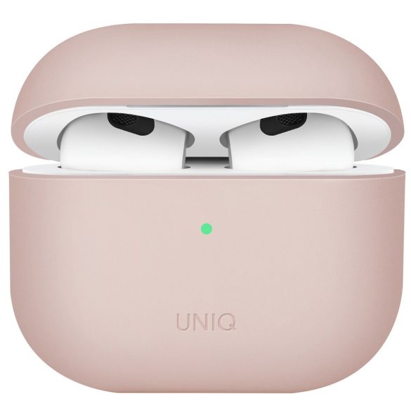 Bluetooth fülhallgató töltőtok tartó, szilikon, vezeték nélküli töltés támogatás, Apple AirPods 3 kompatibilis, Uniq Lino, rózsaszín