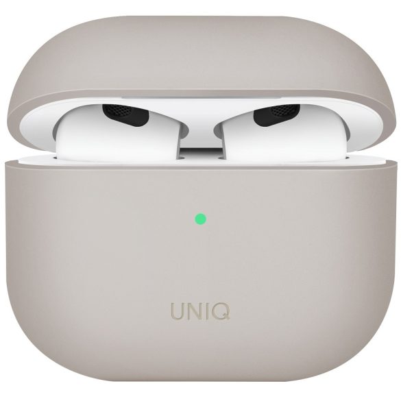 Bluetooth fülhallgató töltőtok tartó, szilikon, vezeték nélküli töltés támogatás, Apple AirPods 3 kompatibilis, Uniq Lino, bézs