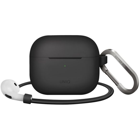 Bluetooth fülhallgató töltőtok tartó, szilikon, vezeték nélküli töltés támogatás, karabiner, nyakba akasztóval, Apple AirPods 3 kompatibilis, Uniq Vencer, sötétszürke
