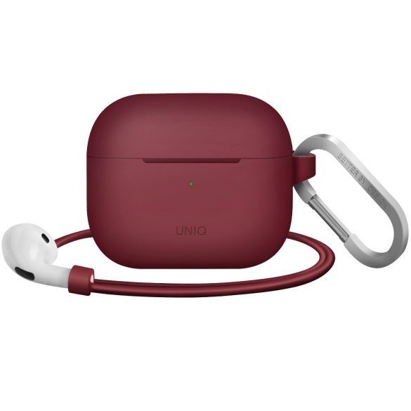 Bluetooth fülhallgató töltőtok tartó, szilikon, vezeték nélküli töltés támogatás, karabiner, nyakba akasztóval, Apple AirPods 3 kompatibilis, Uniq Vencer, bordó