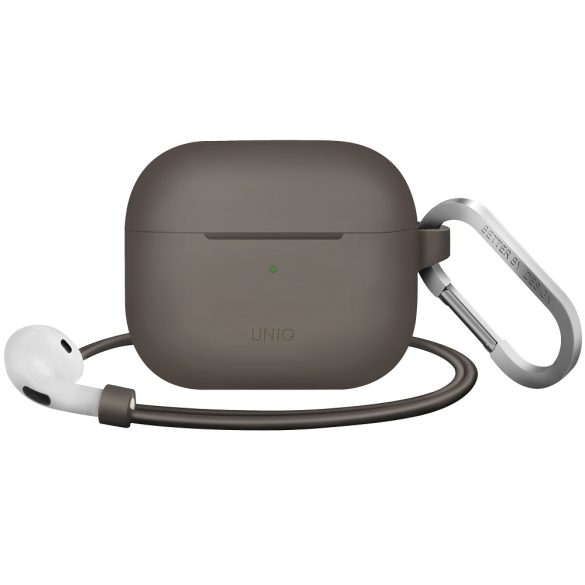 Bluetooth fülhallgató töltőtok tartó, szilikon, vezeték nélküli töltés támogatás, karabiner, nyakba akasztóval, Apple AirPods 3 kompatibilis, Uniq Vencer, bézs