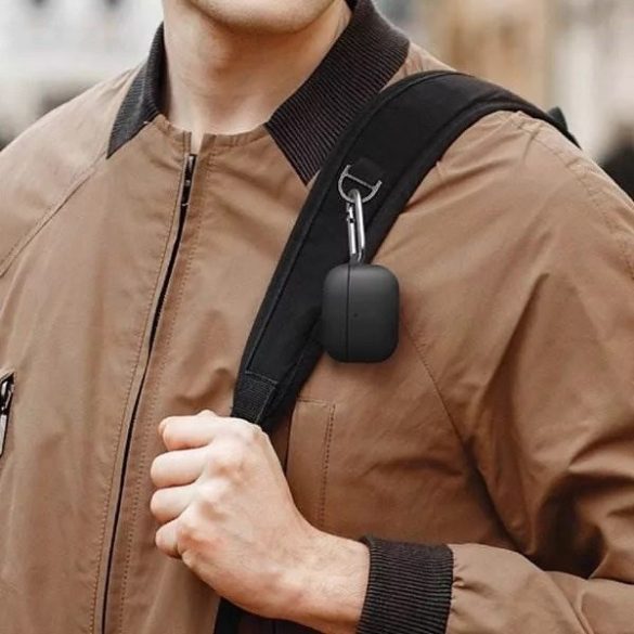 Bluetooth fülhallgató töltőtok tartó, szilikon, vezeték nélküli töltés támogatás, karabiner, nyakba akasztóval, Apple AirPods 3 kompatibilis, Uniq Vencer, bézs