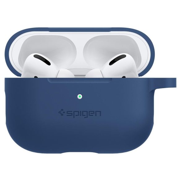 Bluetooth fülhallgató töltőtok tartó, szilikon, vezeték nélküli töltés támogatás, karabiner, Apple AirPods Pro kompatibilis, Spigen Silicone Fit, sötétkék