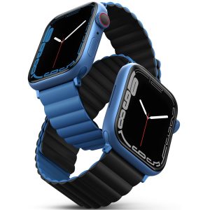 Apple Watch 1-6, SE (42 / 44 mm) / Watch 7-8 (45 mm) / Watch Ultra (49 mm), szilikon pótszíj, mágneses zár, kétszínű, két oldalas, megfordítható, Uniq Revix, kék/fekete