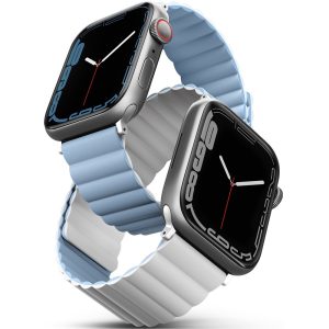 Apple Watch 1-6, SE (38 / 40 mm) / Watch 7 (41 mm), szilikon pótszíj, mágneses zár, kétszínű, két oldalas, megfordítható, Uniq Revix, kék/fehér