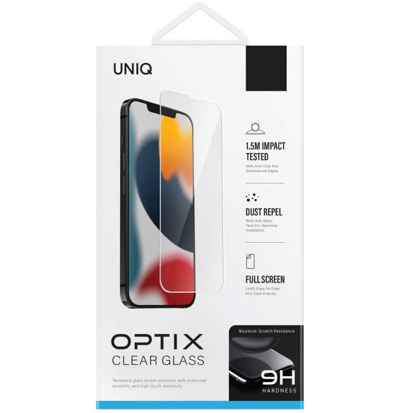 Apple iPhone 13 Mini, Kijelzővédő fólia, ütésálló fólia (az íves részre NEM hajlik rá!), Tempered Glass (edzett üveg), Uniq Optix Clear, Clear