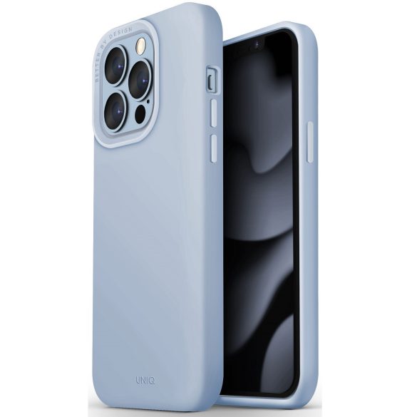 Apple iPhone 13 Pro, Szilikon tok, közepesen ütésálló, cserélhető hátsó kamera keret, Magsafe töltővel kompatibilis, Uniq Lino Hue, kék