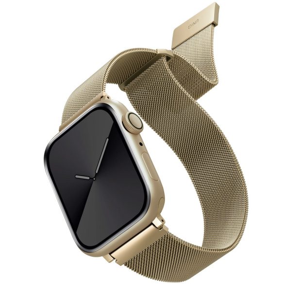 Apple Watch 1-6, SE (42 / 44 mm) / Watch 7-8 (45 mm), fém pótszíj, milánói stílus, mágnes zárral, Uniq Dante, arany