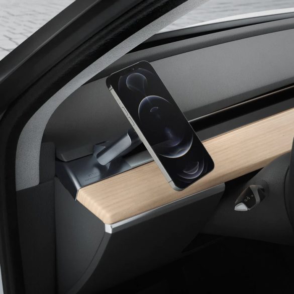 Autós tartó, Tesla 3-as (2021 előtti) / Y (2020) modellekhez, műszerfalra rögzíthető, 360°-ban forgatható, dönthető, mágneses, Magsafe töltőkkel kompatibilis, Spigen Tesla OneTap MagFit ITT85, fekete