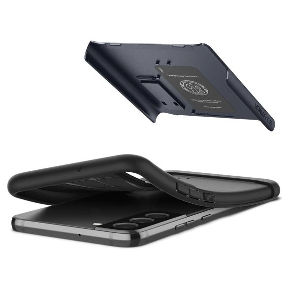 Samsung Galaxy S22 Plus 5G SM-S906, Szilikon tok, műanyag hátlappal, kitámasztóval, Spigen Slim Armor, sötétkék