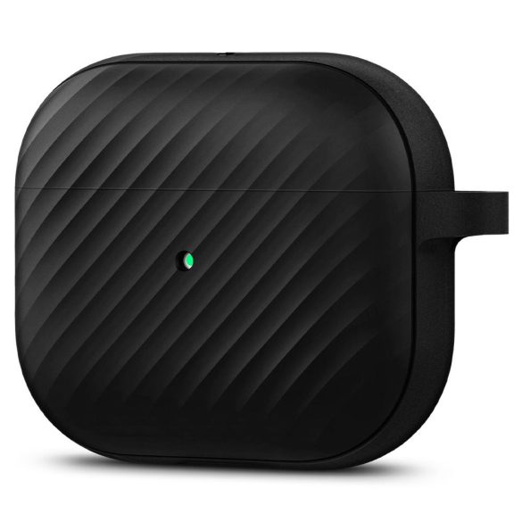 Bluetooth fülhallgató töltőtok tartó, szilikon, vezeték nélküli töltés támogatás, karabiner, karbon minta, Apple AirPods 3 kompatibilis, Spigen Core Armor, fekete