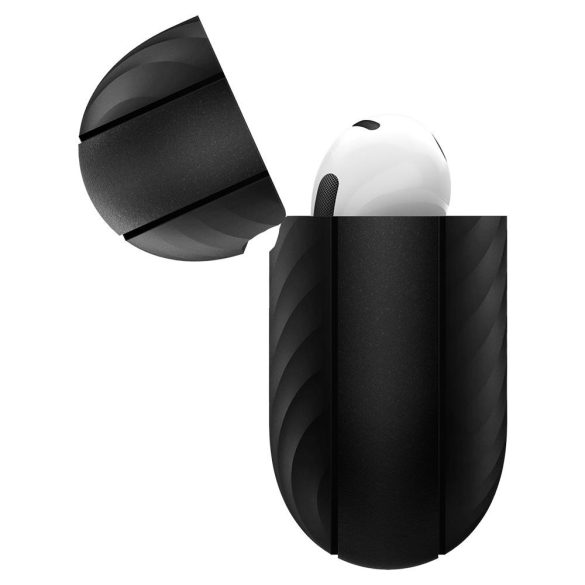 Bluetooth fülhallgató töltőtok tartó, szilikon, vezeték nélküli töltés támogatás, karabiner, karbon minta, Apple AirPods 3 kompatibilis, Spigen Core Armor, fekete