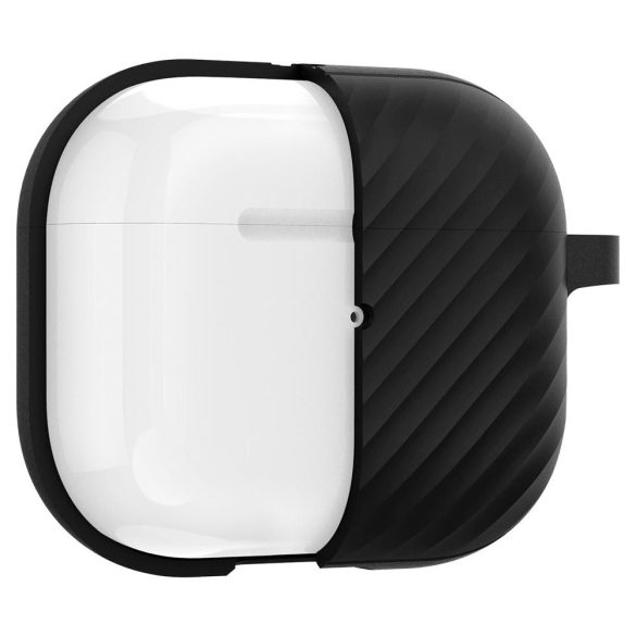 Bluetooth fülhallgató töltőtok tartó, szilikon, vezeték nélküli töltés támogatás, karabiner, karbon minta, Apple AirPods 3 kompatibilis, Spigen Core Armor, fekete