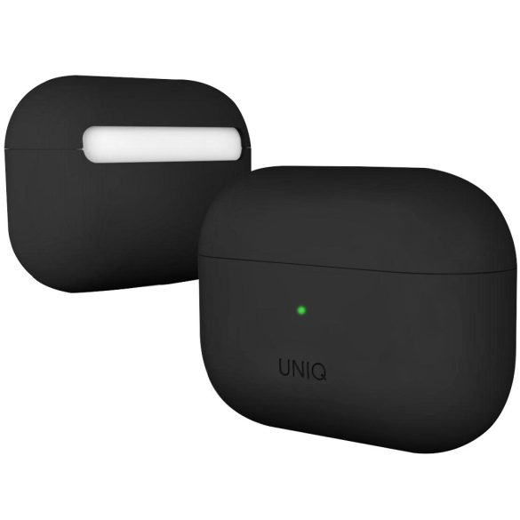 Bluetooth fülhallgató töltőtok tartó, szilikon, vezeték nélküli töltés támogatás, Apple AirPods Pro kompatibilis, Uniq Lino, fekete