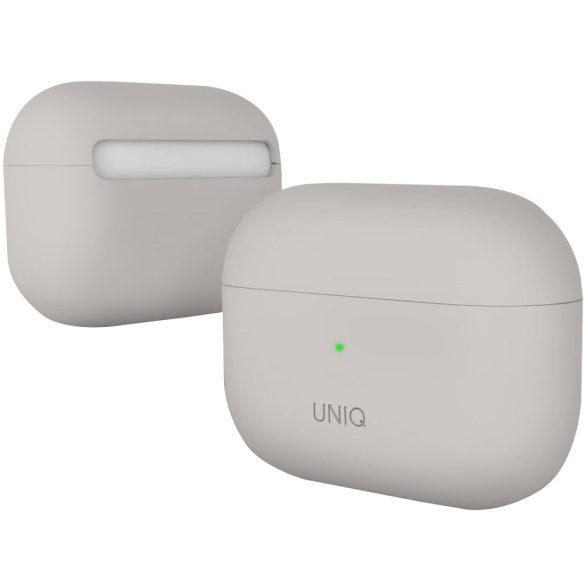 Bluetooth fülhallgató töltőtok tartó, szilikon, vezeték nélküli töltés támogatás, Apple AirPods Pro kompatibilis, Uniq Lino, bézs