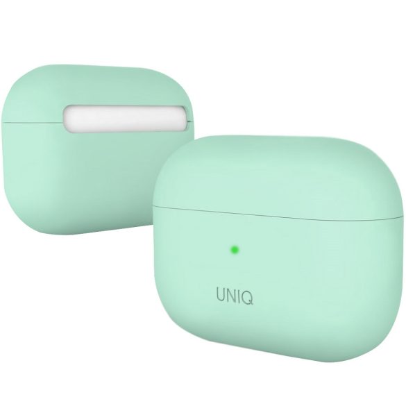 Bluetooth fülhallgató töltőtok tartó, szilikon, vezeték nélküli töltés támogatás, Apple AirPods Pro kompatibilis, Uniq Lino, zöld