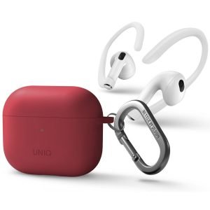 Bluetooth fülhallgató töltőtok tartó, szilikon + műanyag, vezeték nélküli töltés támogatás, karabiner, fülkampó, Apple AirPods 3 kompatibilis, Uniq Nexo, piros