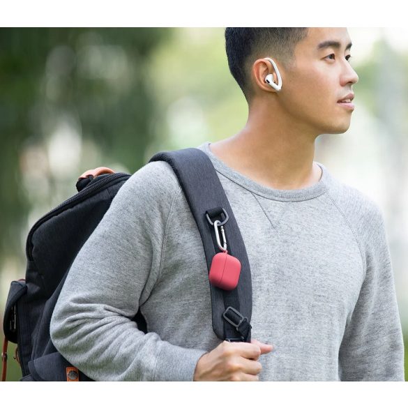 Bluetooth fülhallgató töltőtok tartó, szilikon + műanyag, vezeték nélküli töltés támogatás, karabiner, fülkampó, Apple AirPods 3 kompatibilis, Uniq Nexo, piros