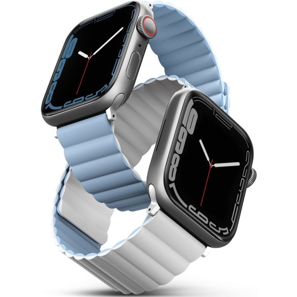 Apple Watch 1-6, SE (42 / 44 mm) / Watch 7-8 (45 mm) / Watch Ultra (49 mm), szilikon pótszíj, mágneses zár, kétszínű, két oldalas, megfordítható, Uniq Revix, kék/fehér