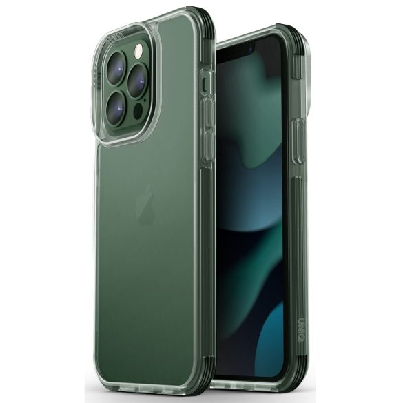 Apple iPhone 13 Pro, Szilikon keret + műanyag hátlap, közepesen ütésálló, légpárnás sarok, Uniq Combat, átlátszó/zöld