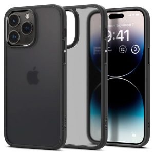 Apple iPhone 14 Pro Max, Műanyag hátlap védőtok + szilikon keret, Spigen Ultra Hybrid Matte, áttetsző/fekete