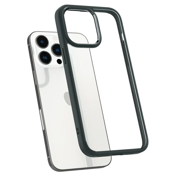 Apple iPhone 14 Pro Max, Műanyag hátlap védőtok + szilikon keret, Spigen Ultra Hybrid, átlátszó/sötétzöld