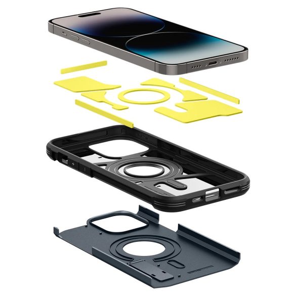 Apple iPhone 14 Pro Max, Szilikon tok + műanyag hátlap, Magsafe töltővel kompatibilis, kitámasztóval, Spigen Tough Armor Mag, sötétkék