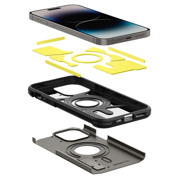 Apple iPhone 14 Pro Max, Szilikon tok + műanyag hátlap, Magsafe töltővel kompatibilis, kitámasztóval, Spigen Tough Armor Mag, sötétszürke