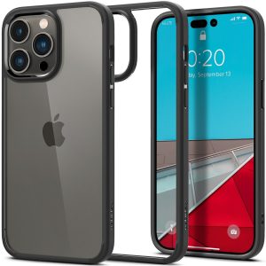 Apple iPhone 14 Pro Max, Szilikon tok + műanyag keret, közepesen ütésálló, Spigen Crystal Hybrid, átlátszó/fekete