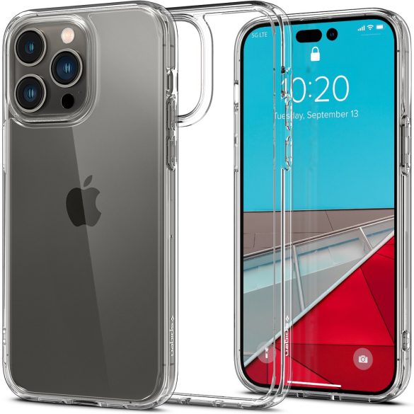 Apple iPhone 14 Pro Max, Szilikon tok + műanyag keret, közepesen ütésálló, Spigen Crystal Hybrid, átlátszó