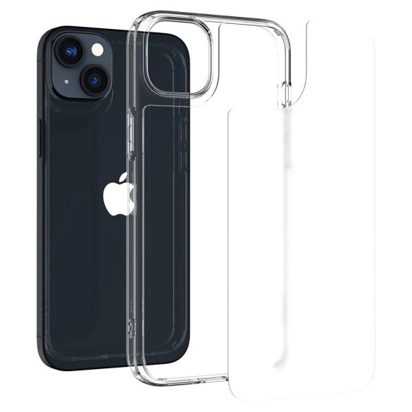 Apple iPhone 14, Műanyag védőkeret, edzett üveg hátlap, Spigen Quartz Hybrid Matte, áttetsző