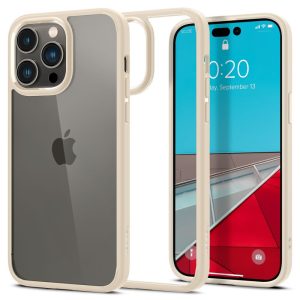 Apple iPhone 14 Pro, Műanyag hátlap védőtok + szilikon keret, Spigen Ultra Hybrid, átlátszó/homok-beige