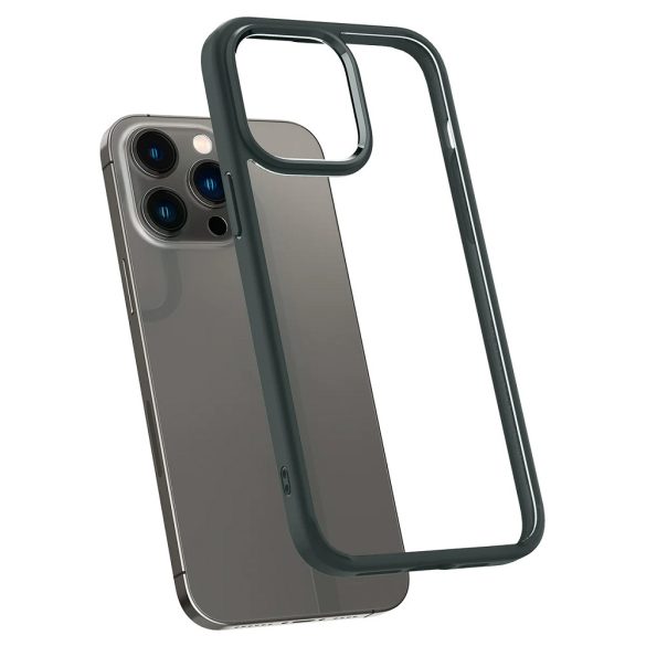 Apple iPhone 14 Pro, Műanyag hátlap védőtok + szilikon keret, Spigen Ultra Hybrid, átlátszó/sötétzöld