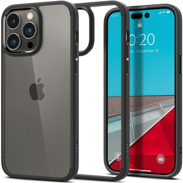Apple iPhone 14 Pro, Szilikon tok + műanyag keret, közepesen ütésálló, Spigen Crystal Hybrid, átlátszó/fekete