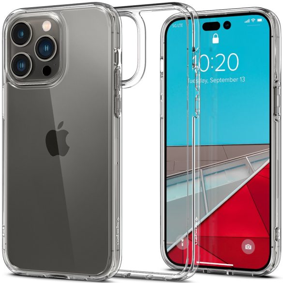 Apple iPhone 14 Pro, Szilikon tok + műanyag keret, közepesen ütésálló, Spigen Crystal Hybrid, átlátszó
