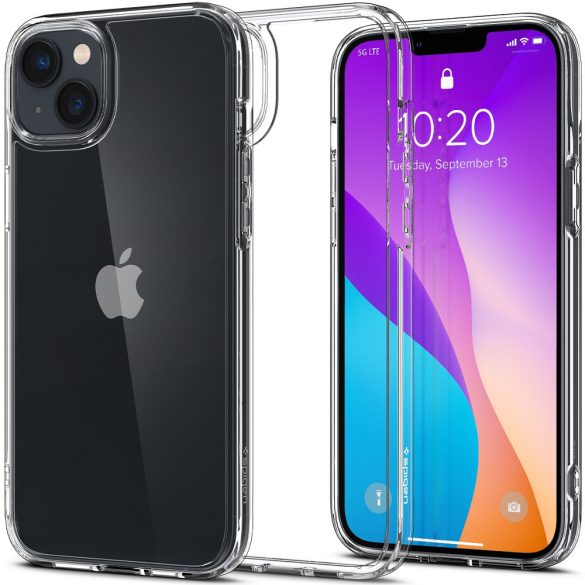 Apple iPhone 14, Szilikon tok + műanyag keret, közepesen ütésálló, Spigen Crystal Hybrid, átlátszó