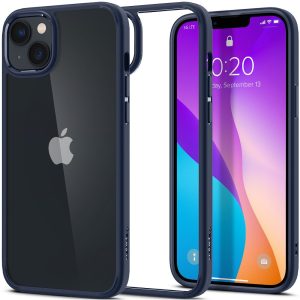 Apple iPhone 14 Plus, Szilikon tok + műanyag keret, közepesen ütésálló, Spigen Crystal Hybrid, átlátszó/sötétkék