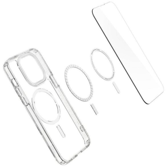 Apple iPhone 14 Pro Max, Műanyag hátlap védőtok + szilikon csillámos keret, + 2 db üvegfólia, Magsafe töltővel kompatibilis, Spigen Cyrill Shine Mag Glitter, átlátszó