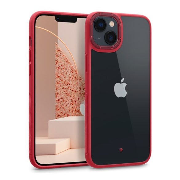 Apple iPhone 14, Műanyag hátlap védőtok + keret, közepesen ütésálló, Spigen Caseology Skyfall, átlátszó/piros
