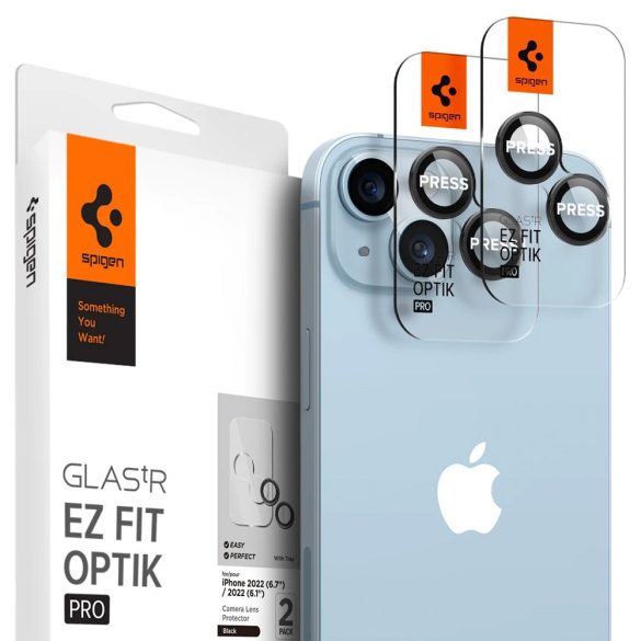 Apple iPhone 14 / 14 Plus, Kamera lencsevédő fólia, ütésálló fólia, Tempered Glass (edzett üveg), Spigen Glastr Ez Fit Optik Pro, fekete, 2 db / csomag