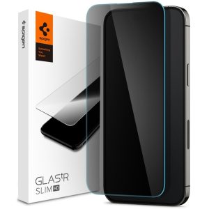 Apple iPhone 14 Pro, Kijelzővédő fólia, ütésálló fólia (az íves részre is!), Tempered Glass (edzett üveg), Spigen Glastr Slim HD Privacy, Clear